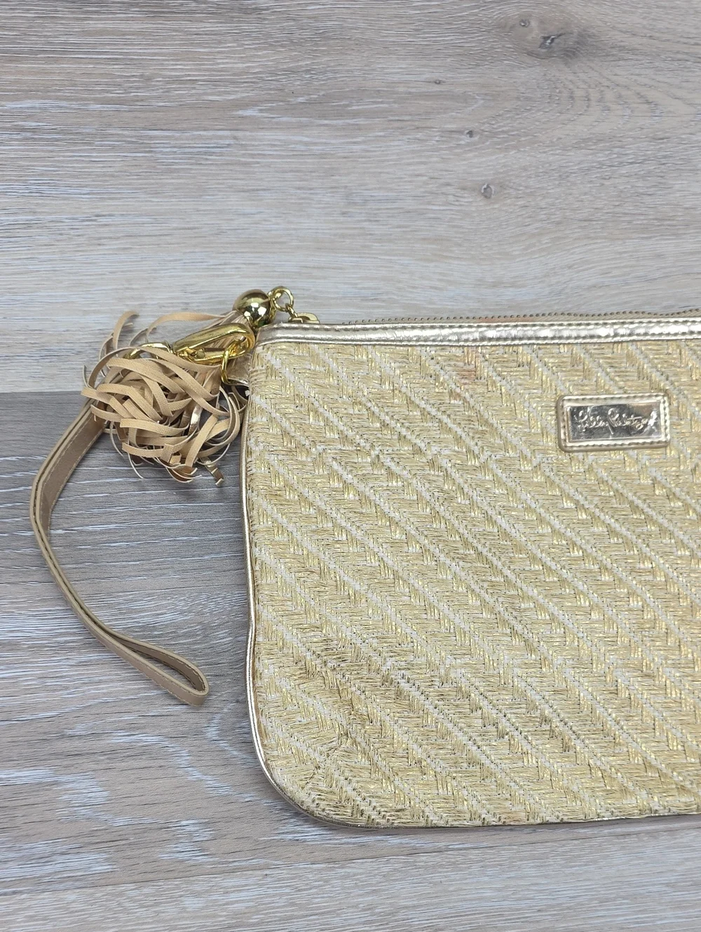 Lilly Pulitzer Gold Woven Straw Wristlet Clutch Bag Tassel Zip Resortwear